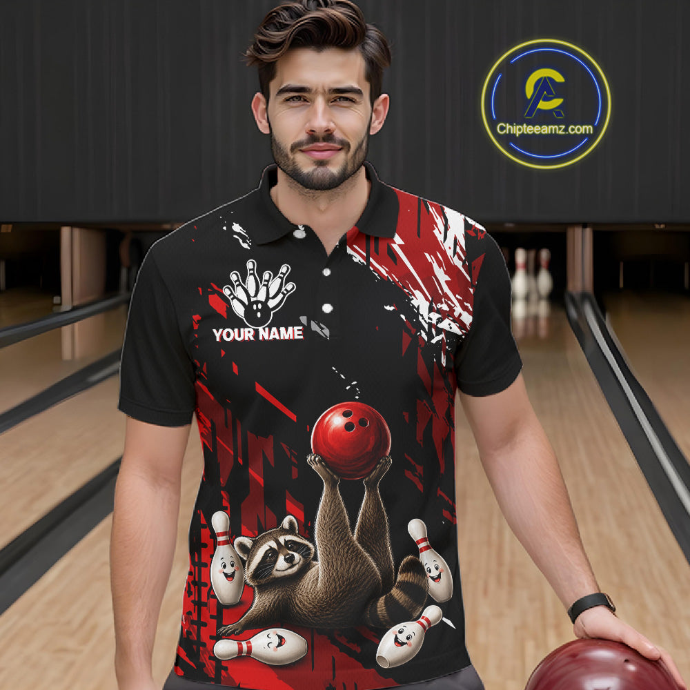 Female bowler smiling while wearing Funny Raccoon jersey representing curiosity, adaptability, teamwork, family fun, mascot-inspired bowling fashion.