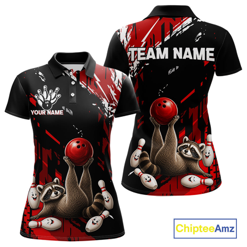 Funny Raccoon Bowling Polo featuring playful raccoon mascot, personalized bowling team name, red and black graphics, breathable performance polo, mascot sportswear, family-friendly bowling apparel, custom league jersey.