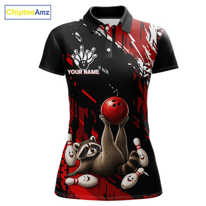 Funny Raccoon Bowling Polo featuring playful raccoon mascot, personalized bowling team name, red and black graphics, breathable performance polo, mascot sportswear, family-friendly bowling apparel, custom league jersey.