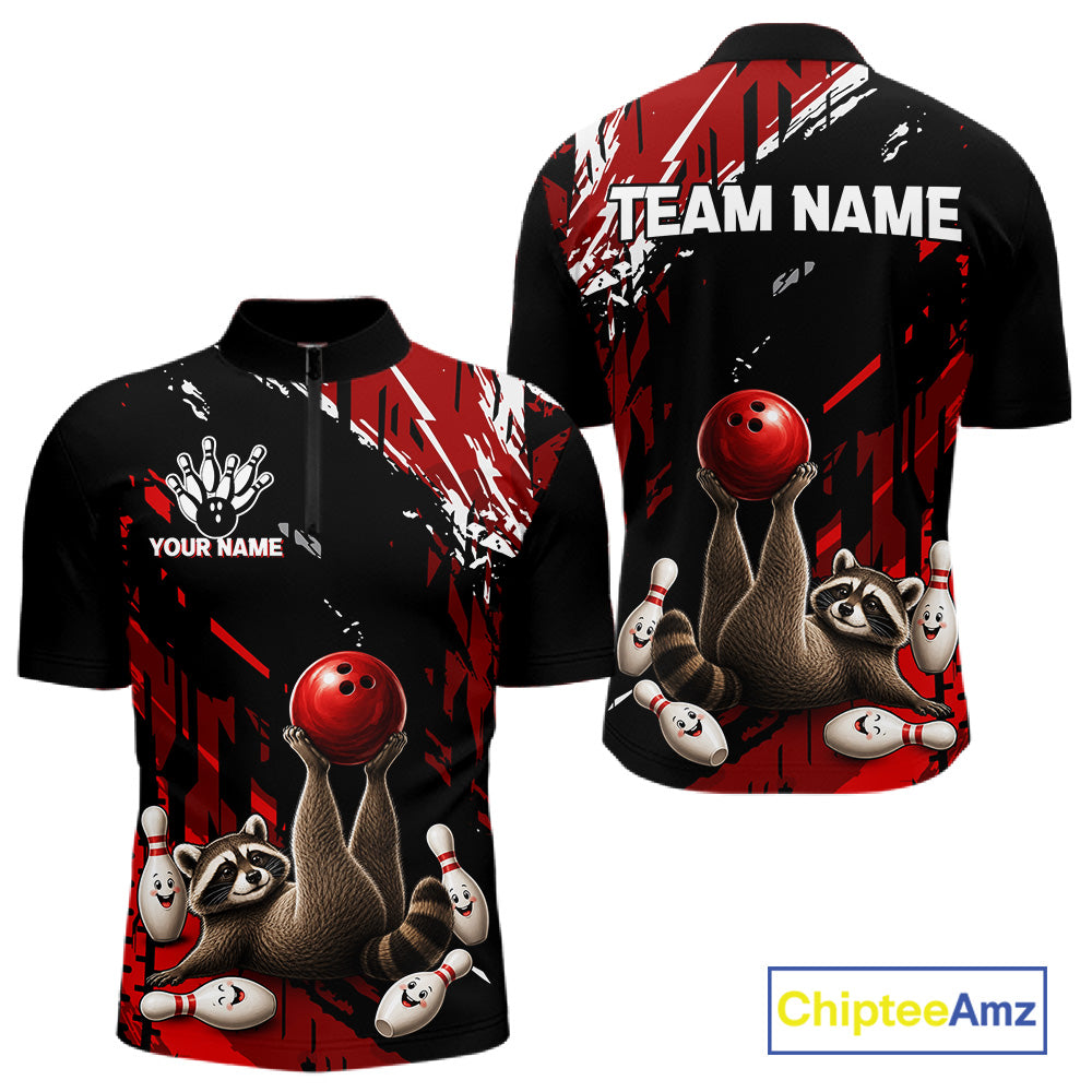 Funny Raccoon Quarter-Zip Bowling Jersey featuring raccoon mascot, breathable athletic clothing, custom bowling tournament apparel, playful sportswear.
