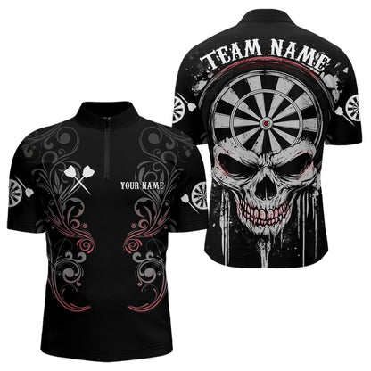Personalized Skull Black Grunge Polo & 1/4 Zip Darts Shirt For Men, Dart Team Jerseys NYN0005