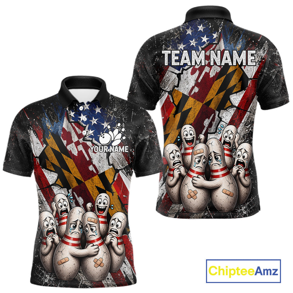 Funny Sad Pins Maryland US Flag men's bowling polo shirt, patriotic bowling jersey, custom team shirt