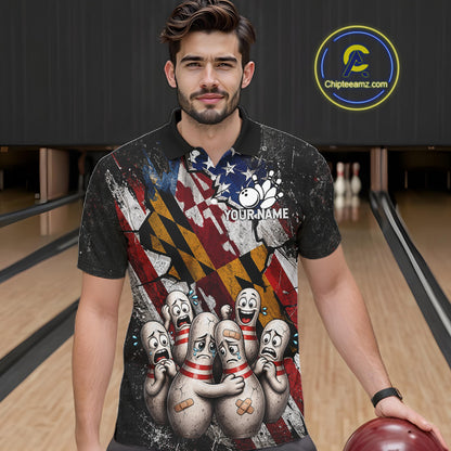 Male bowler wearing Maryland patriotic bowling jersey, custom US flag bowling shirt