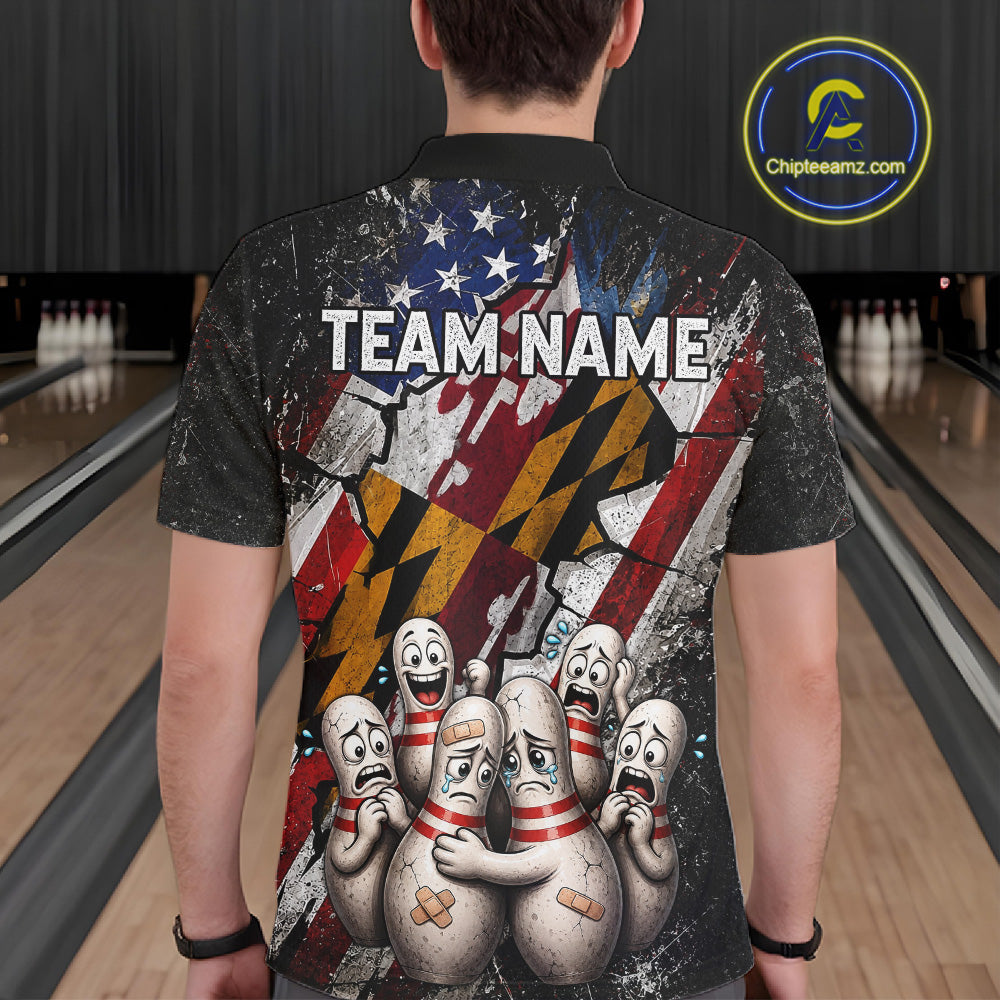 Male bowler wearing Maryland patriotic bowling jersey, custom US flag bowling shirt