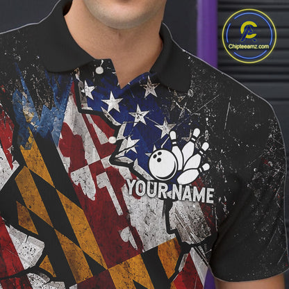 Male bowler wearing Maryland patriotic bowling jersey, custom US flag bowling shirt