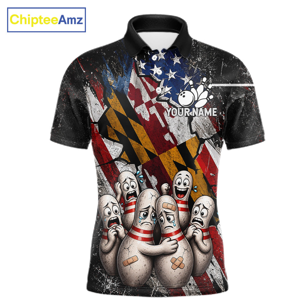 Funny Sad Pins Maryland US Flag men's bowling polo shirt, patriotic bowling jersey, custom team shirt