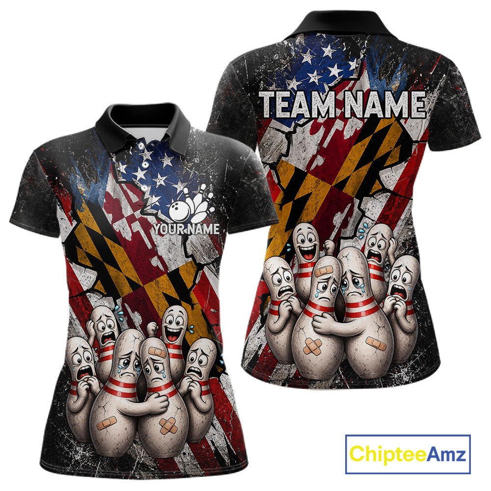Funny Sad Pins Maryland US Flag women's bowling polo shirt, patriotic bowling jersey, custom team shirt