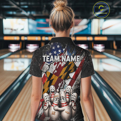 Female bowler wearing Maryland patriotic bowling jersey, custom US flag bowling shirt