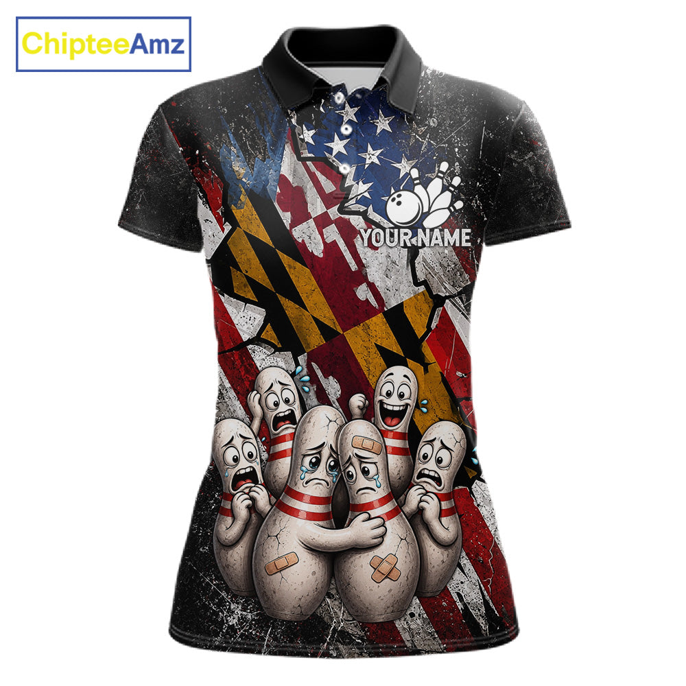 Funny Sad Pins Maryland US Flag women's bowling polo shirt, patriotic bowling jersey, custom team shirt
