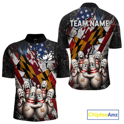 Funny Sad Pins Maryland US Flag men's bowling quarter zip shirt, patriotic bowling team uniform