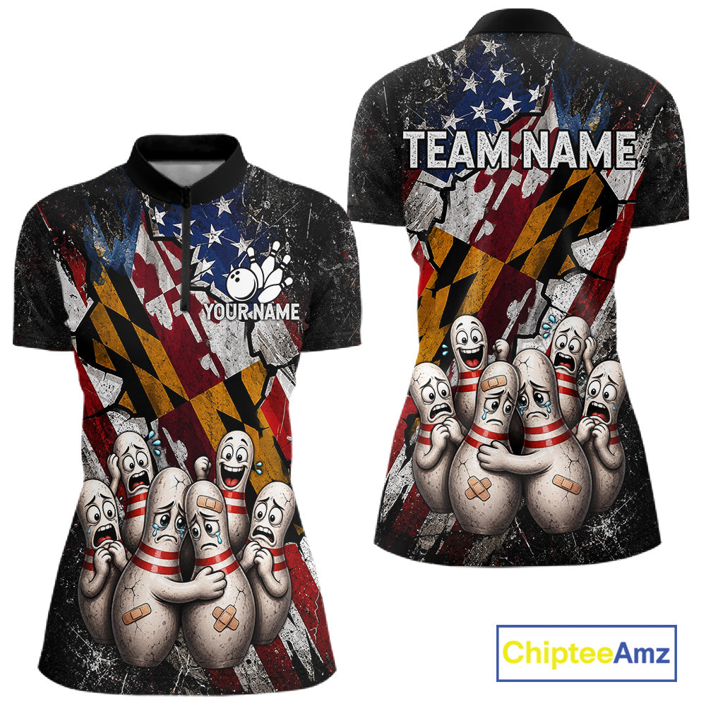Funny Sad Pins Maryland US Flag women's bowling quarter zip shirt, patriotic bowling team uniform