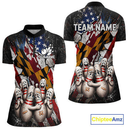 Funny Sad Pins Maryland US Flag women's bowling quarter zip shirt, patriotic bowling team uniform