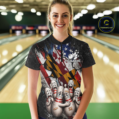 Female bowler wearing Maryland patriotic bowling jersey, custom US flag bowling shirt
