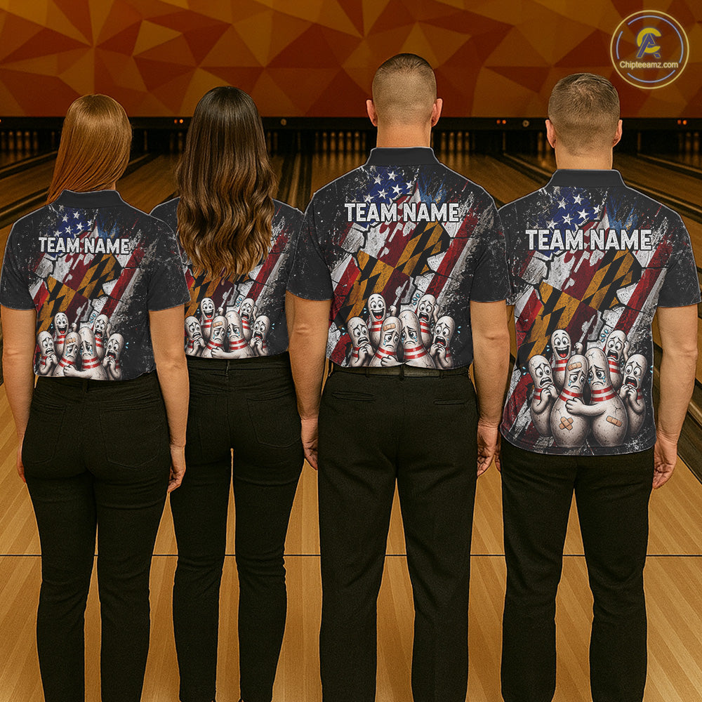 Men women bowling team wearing Maryland patriotic bowling jerseys, custom league uniforms