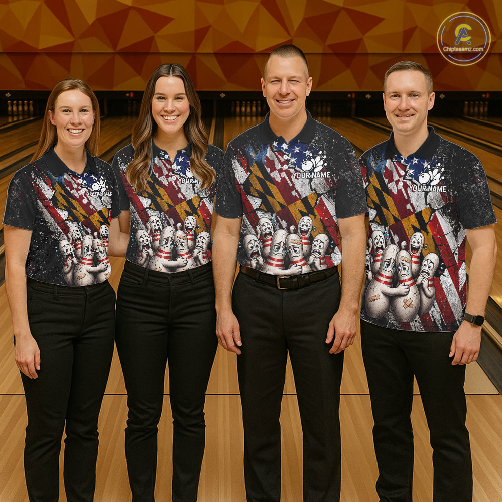 Men women bowling team wearing Maryland patriotic bowling jerseys, custom league uniforms
