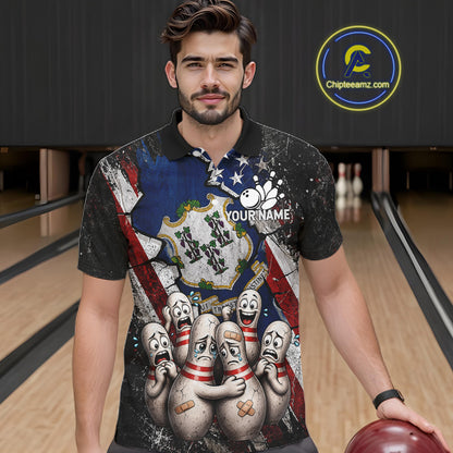 Male bowler wearing Connecticut patriotic bowling shirt, US flag bowling jersey