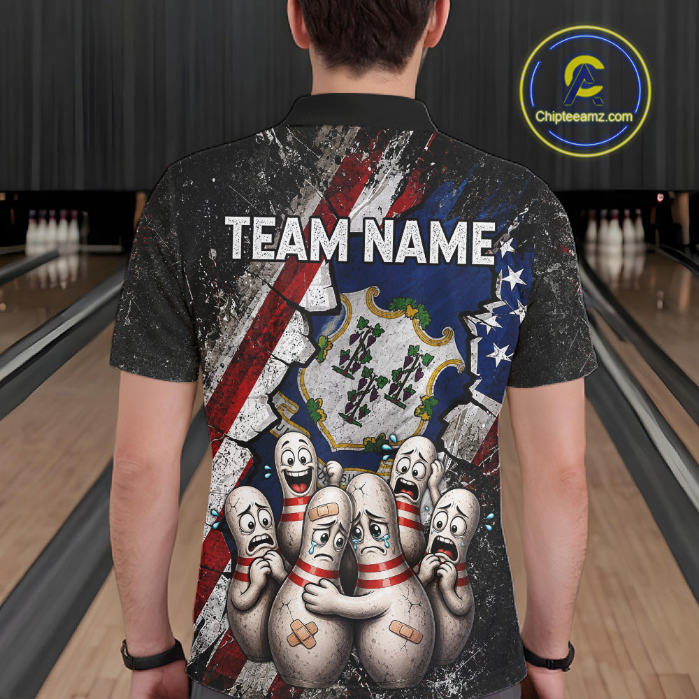 Male bowler wearing Connecticut patriotic bowling shirt, US flag bowling jersey