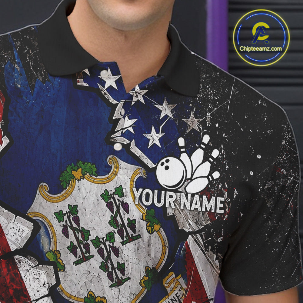 Male bowler wearing Connecticut patriotic bowling shirt, US flag bowling jersey