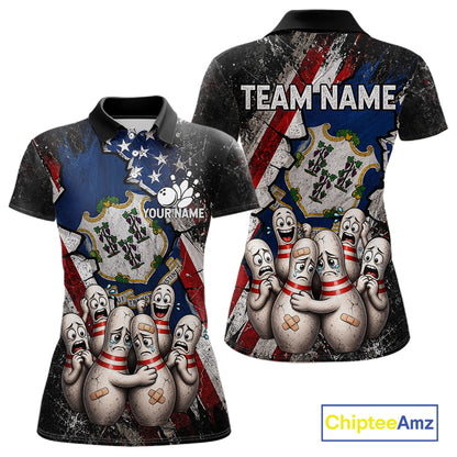 Funny Sad Pins Connecticut US Flag women's bowling polo shirt, patriotic bowling team jersey, custom bowling apparel