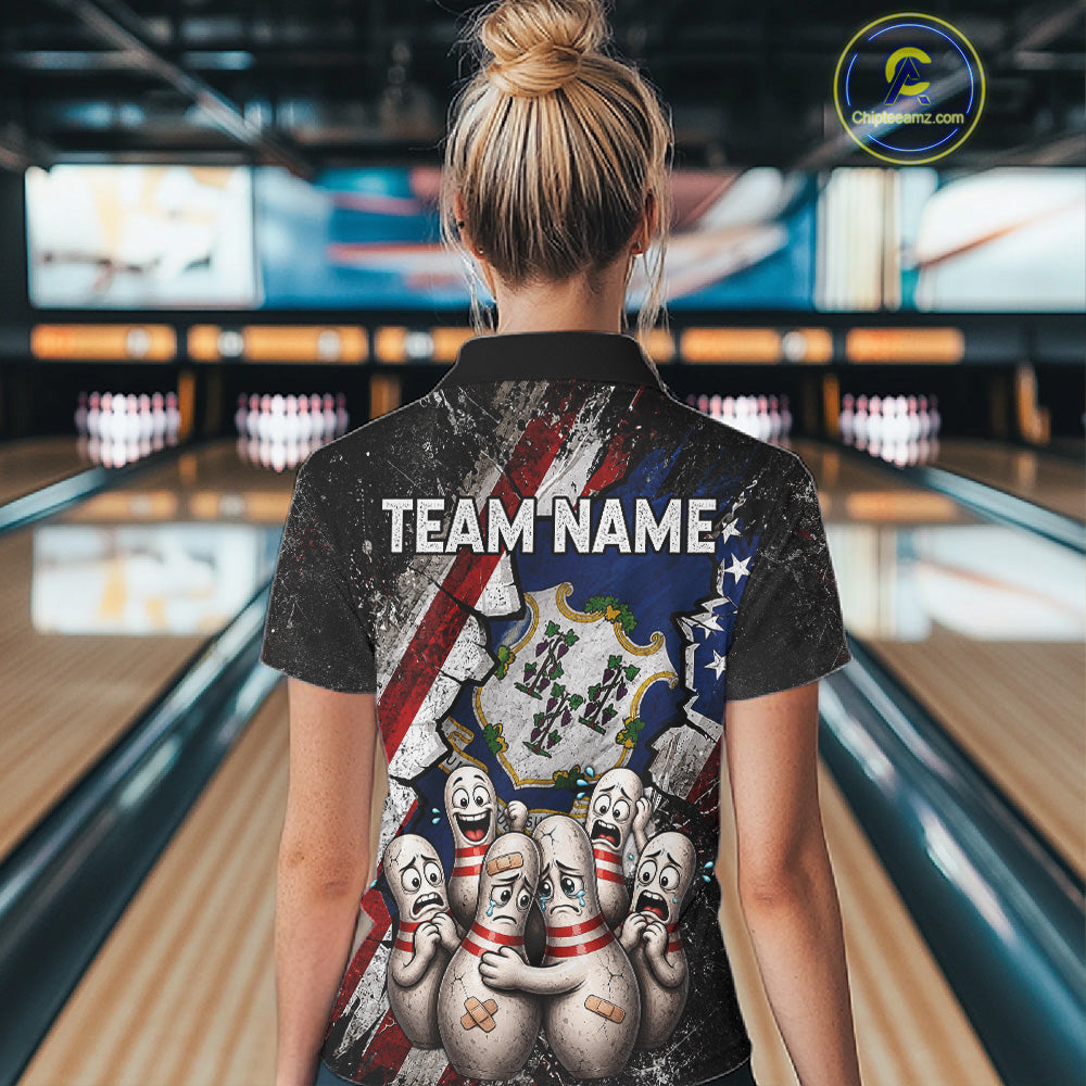 Female bowler wearing Connecticut patriotic bowling shirt, US flag bowling jersey