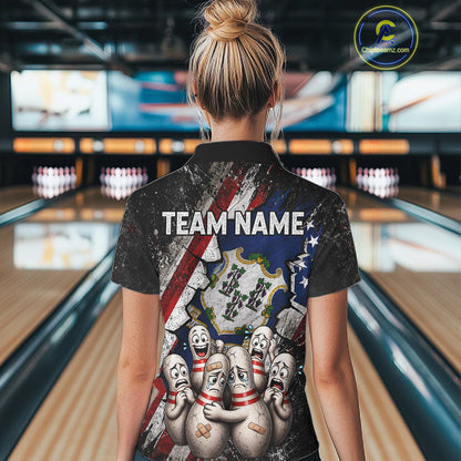 Female bowler wearing Connecticut patriotic bowling shirt, US flag bowling jersey