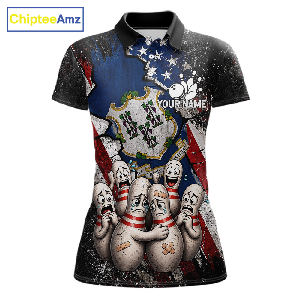 Funny Sad Pins Connecticut US Flag women's bowling polo shirt, patriotic bowling team jersey, custom bowling apparel