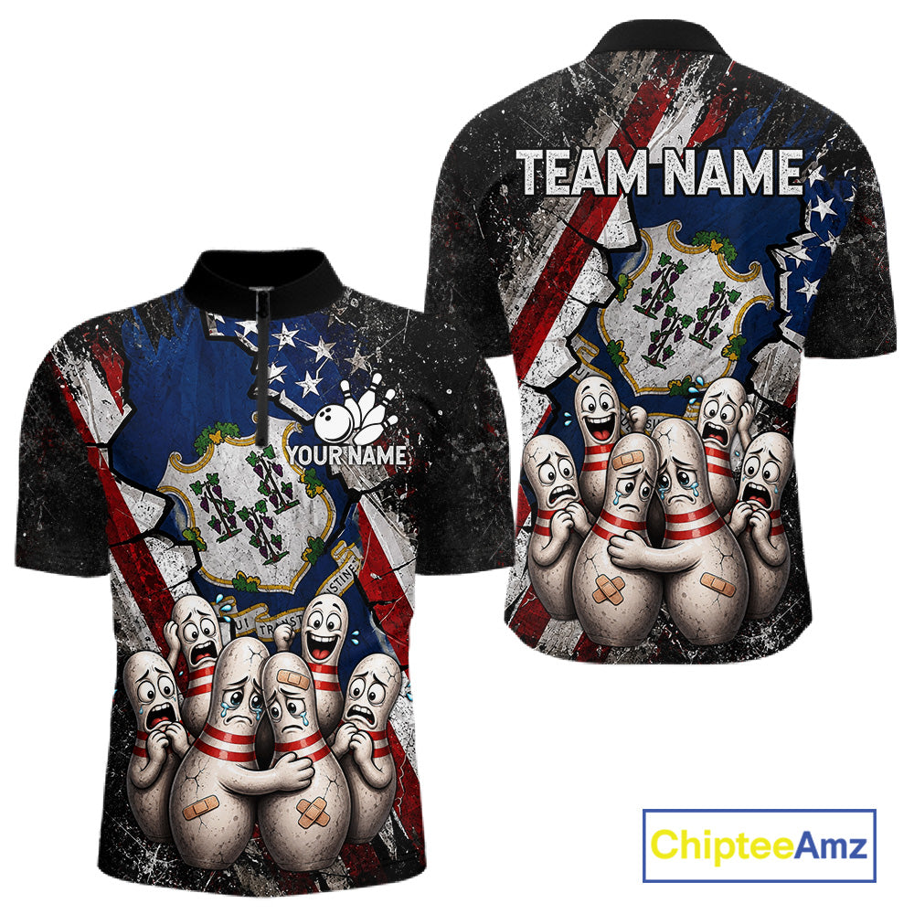 Funny Sad Pins Connecticut US Flag men's bowling quarter zip shirt, personalized bowling uniform
