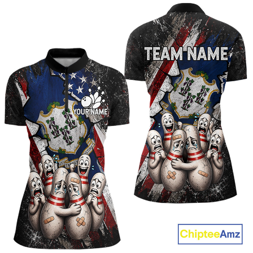 Funny Sad Pins Connecticut US Flag women's bowling quarter zip shirt, personalized bowling uniform