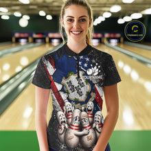 Load image into Gallery viewer, Female bowler wearing Connecticut patriotic bowling shirt, US flag bowling jersey