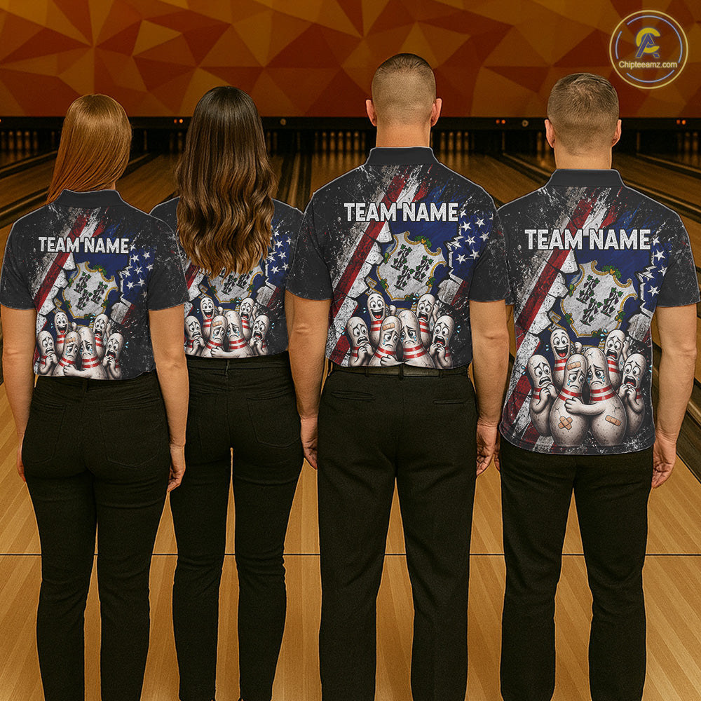 Men women bowling team wearing Connecticut patriotic bowling uniforms, custom bowling jerseys