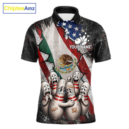 Funny Sad Pins Mexican US Flag men's bowling polo shirt, patriotic bowling jersey, personalized team apparel