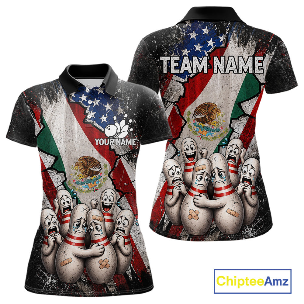 Funny Sad Pins Mexican US Flag women's bowling polo shirt, patriotic bowling jersey, personalized team apparel