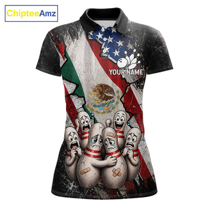Funny Sad Pins Mexican US Flag women's bowling polo shirt, patriotic bowling jersey, personalized team apparel