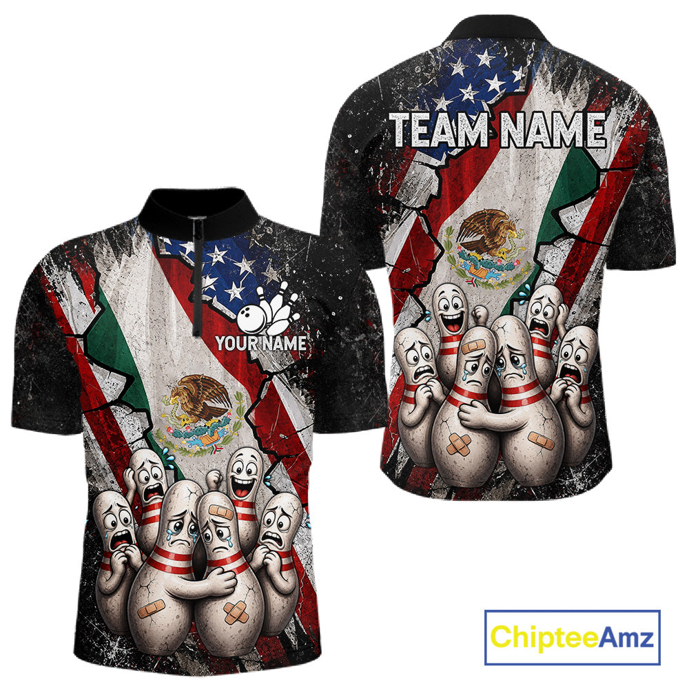 Funny Sad Pins Mexican US Flag men's bowling quarter zip shirt, custom bowling league uniform