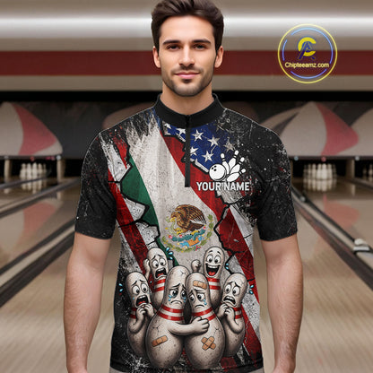 Male bowler wearing Mexican patriotic bowling jersey, custom bowling team shirt