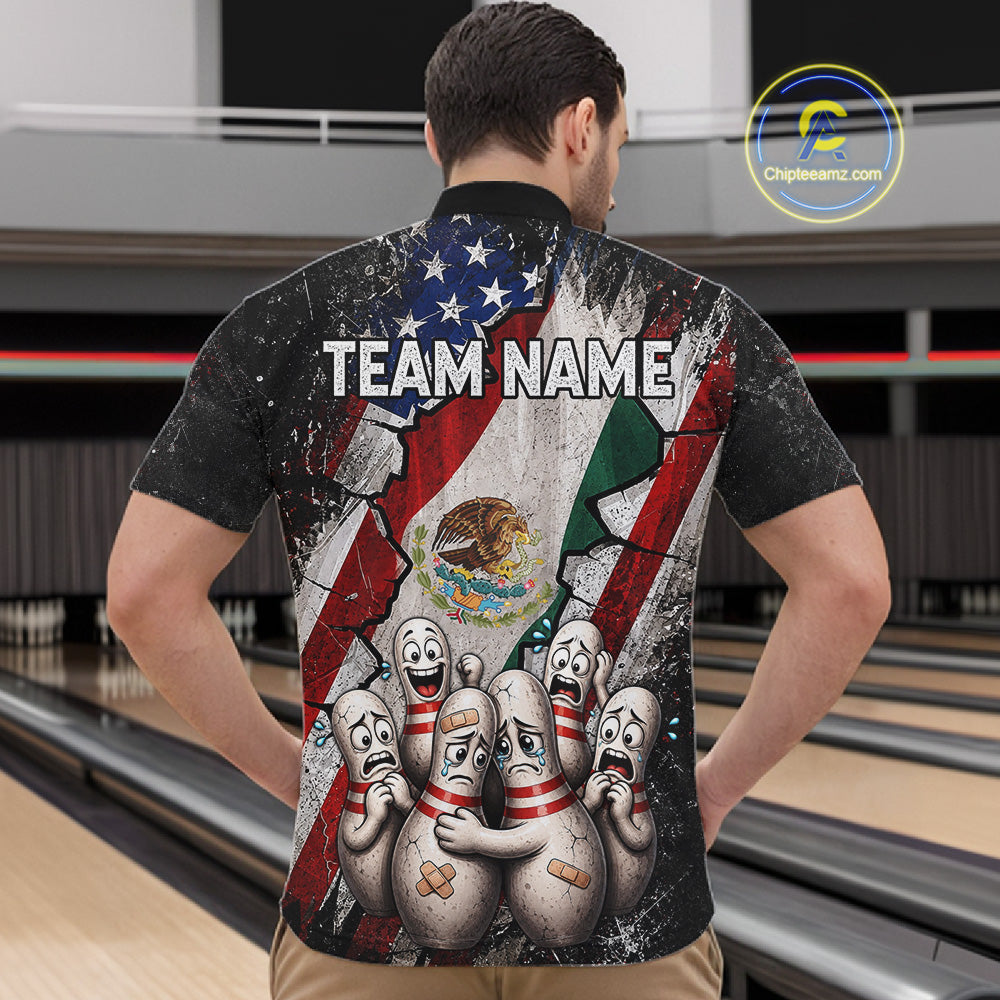 Male bowler wearing Mexican patriotic bowling jersey, custom bowling team shirt