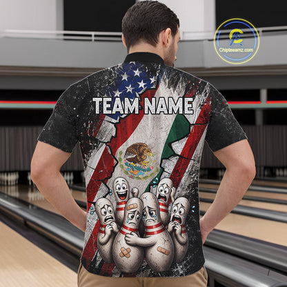 Male bowler wearing Mexican patriotic bowling jersey, custom bowling team shirt