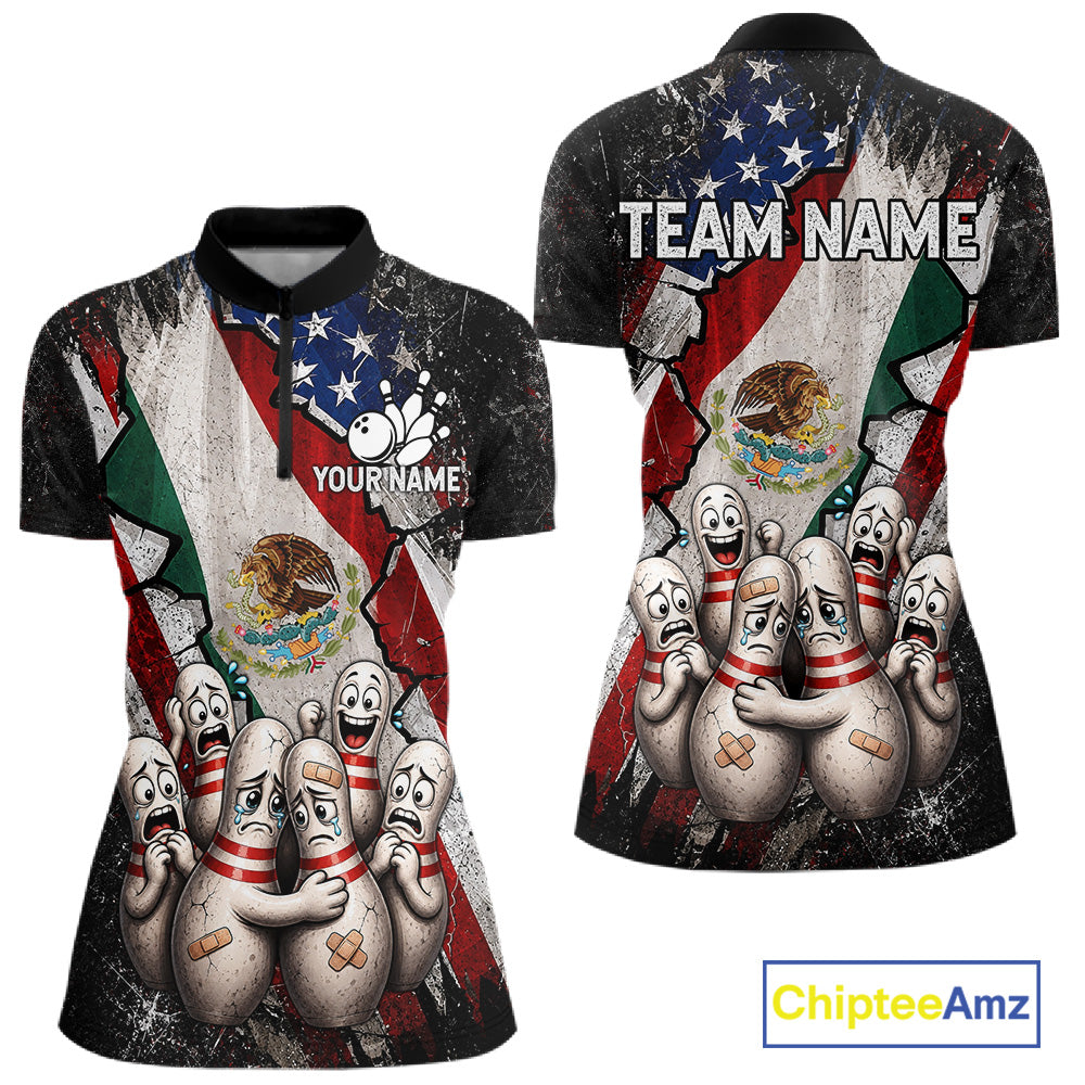Funny Sad Pins Mexican US Flag women's bowling quarter zip shirt, custom bowling league uniform