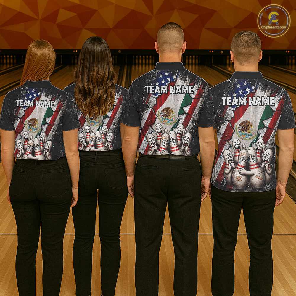 Men women bowling team wearing Mexican patriotic bowling uniforms, personalized bowling jerseys