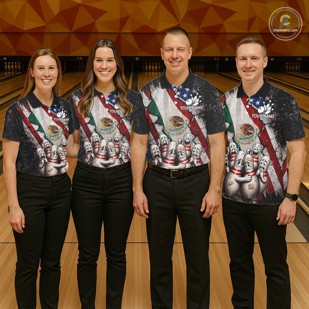 Men women bowling team wearing Mexican patriotic bowling uniforms, personalized bowling jerseys