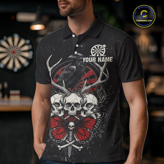 Red Skulls Butterfly Grunge Dartboard Custom Darts Polo Shirt For Men Retro Dart Gifts NYN2002
