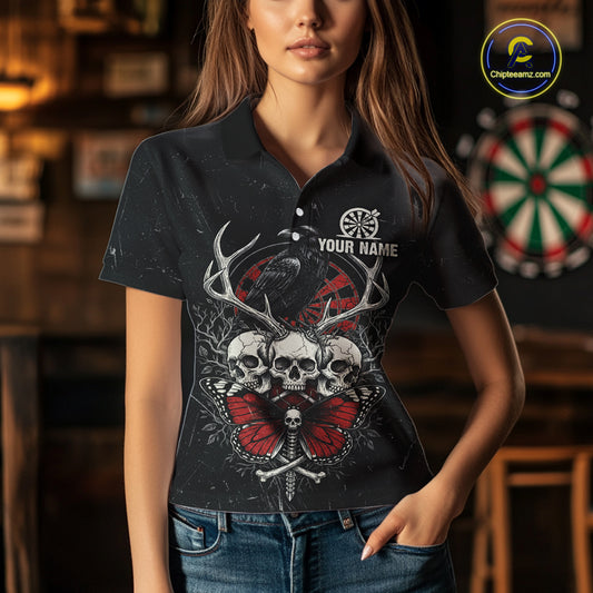 Red Skulls Butterfly Grunge Dartboard Custom Darts Polo Shirt For Women Retro Dart Gifts NYN2002