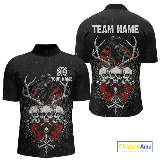 Red Skulls Butterfly Grunge Dartboard Custom Darts Quarter-Zip Shirt For Men Retro Dart Gifts NYN2002