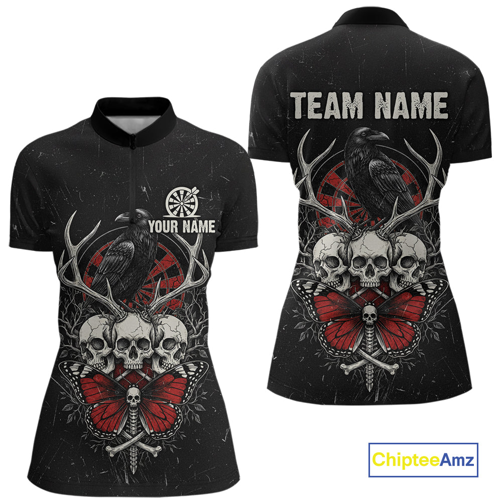 Red Skulls Butterfly Grunge Dartboard Custom Darts Quarter-Zip Shirt For Women Retro Dart Gifts NYN2002