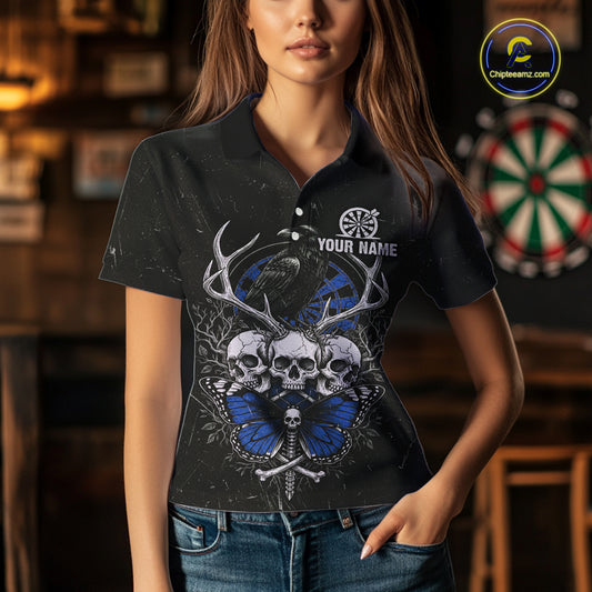 Blue Skulls Butterfly Grunge Dartboard Custom Darts Polo Shirt For Women Retro Dart Gifts NYN2004