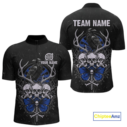 Blue Skulls Butterfly Grunge Dartboard Custom Darts Quarter-Zip Shirt For Men Retro Dart Gifts NYN2004