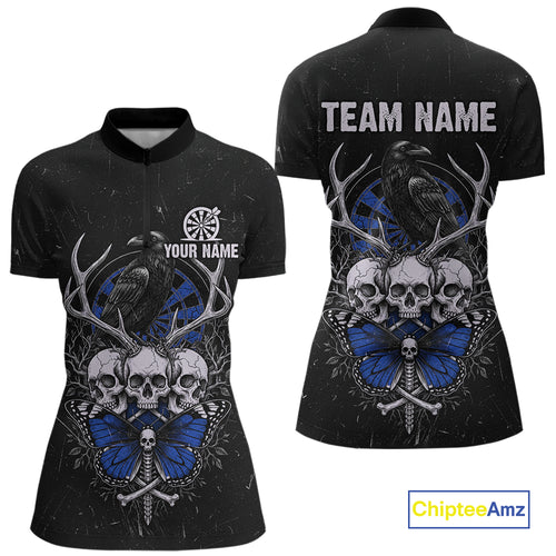 Blue Skulls Butterfly Grunge Dartboard Custom Darts Quarter-Zip Shirt For Women Retro Dart Gifts NYN2004