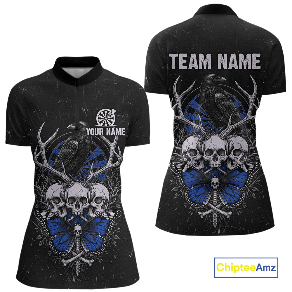 Blue Skulls Butterfly Grunge Dartboard Custom Darts Quarter-Zip Shirt For Women Retro Dart Gifts NYN2004