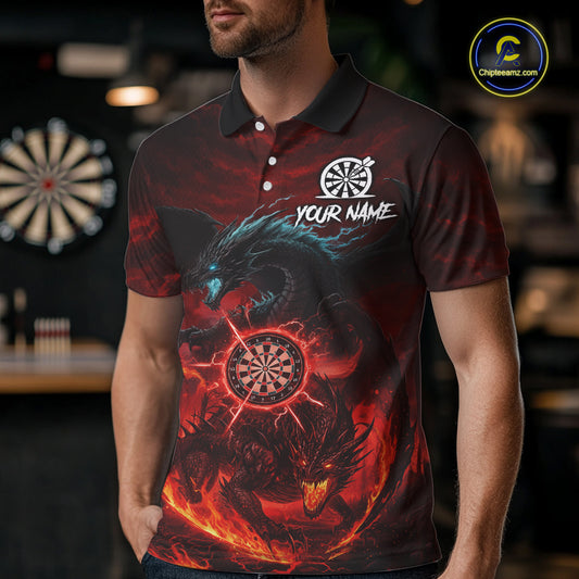 Double Dragon Red & Blue Flaming Dartboard Custom Polo Darts Shirt For Men Dart Gifts NYN2009