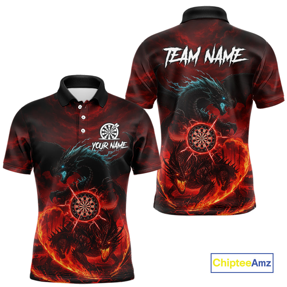 Double Dragon Red & Blue Flaming Dartboard Custom Polo Darts Shirt For Men Dart Gifts NYN2009